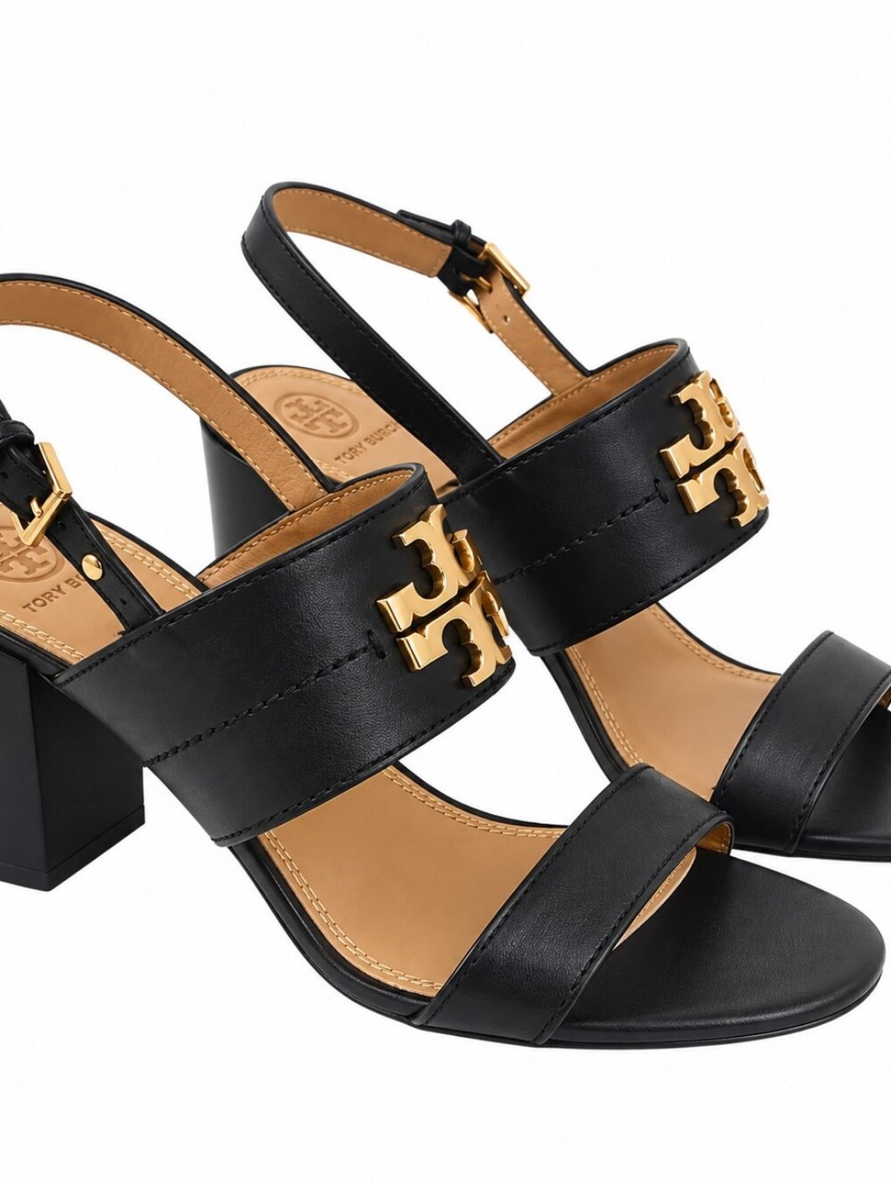Tory Burch Black Leather Gold Logo Block Heel Sandals - Picture 3 of 9